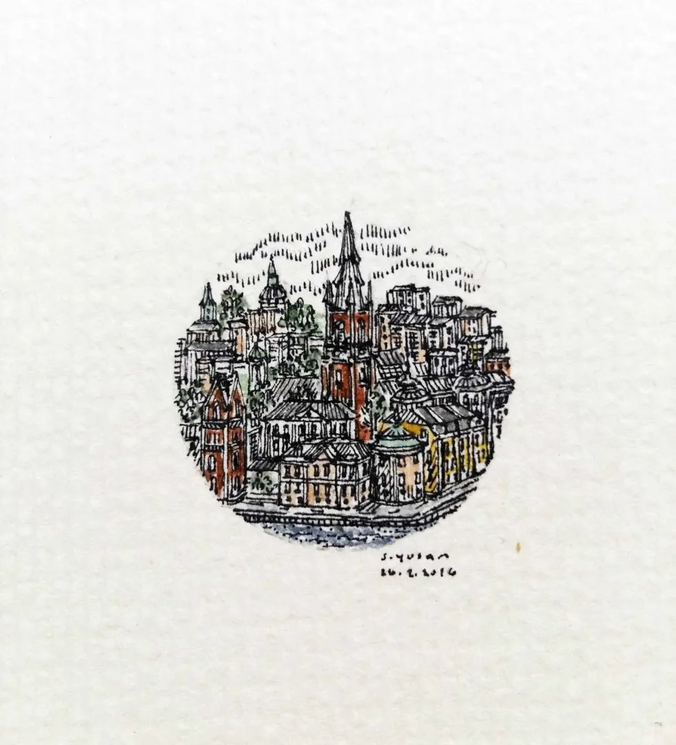 "Stockholm" eseri SÜMEYYE YUŞAN tarafından 2016 yılında 3.5x3.5 cm ölçülerinde Kağıt üzeri sulu boya tekniği ile yapılmıştır.