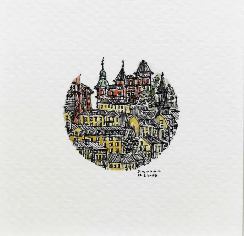"Stockholm" eseri SÜMEYYE YUŞAN tarafından 2016 yılında 3.5x3.5 cm ölçülerinde Kağıt üzeri sulu boya tekniği ile yapılmıştır.