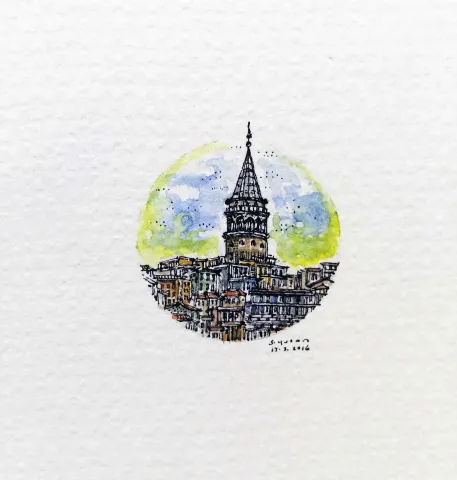 "Galata Kulesi" eseri SÜMEYYE YUŞAN tarafından 2016 yılında 3.5x3.5 cm ölçülerinde Kağıt üzeri sulu boya tekniği ile yapılmıştır.