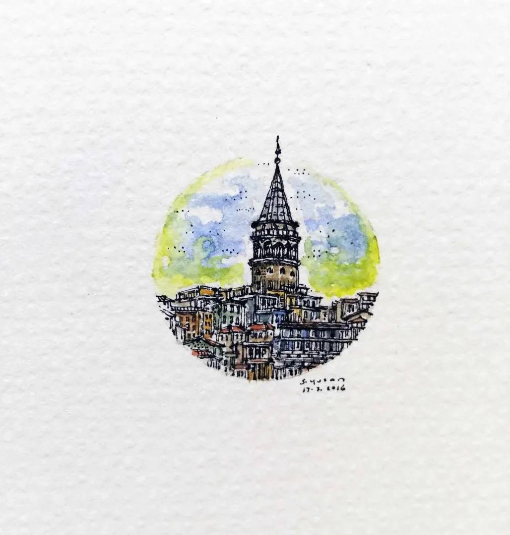 yakınlaştır "Galata Kulesi" eseri SÜMEYYE YUŞAN tarafından 2016 yılında 3.5x3.5 cm ölçülerinde Kağıt üzeri sulu boya tekniği ile yapılmıştır.