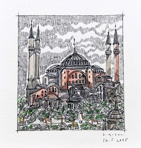"Ayasofya" eseri SÜMEYYE YUŞAN tarafından 2015 yılında 5.5x6 cm ölçülerinde Kağıt üzeri sulu boya tekniği ile yapılmıştır.