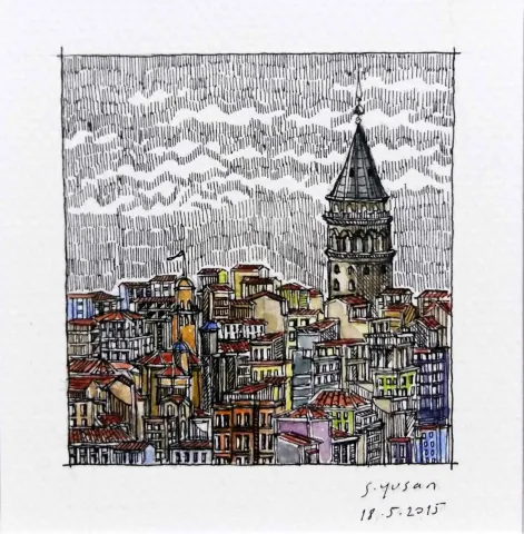 "Galata Kulesi" eseri SÜMEYYE YUŞAN tarafından 2015 yılında 5.5x6 cm ölçülerinde Kağıt üzeri sulu boya tekniği ile yapılmıştır.