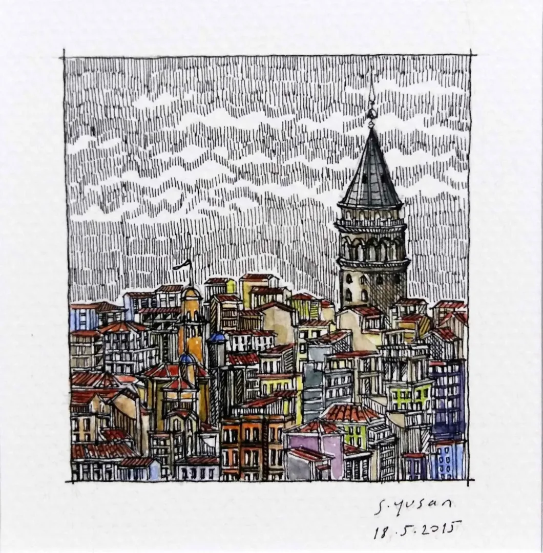 "Galata Kulesi" eseri SÜMEYYE YUŞAN tarafından 2015 yılında 5.5x6 cm ölçülerinde Kağıt üzeri sulu boya tekniği ile yapılmıştır.