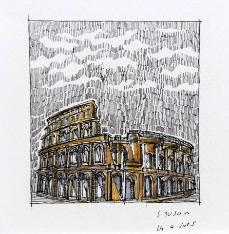 "Kolezyum" eseri SÜMEYYE YUŞAN tarafından 2015 yılında 5.5x6 cm ölçülerinde Kağıt üzeri sulu boya tekniği ile yapılmıştır.