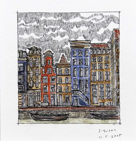 SÜMEYYE YUŞAN — “Amsterdam”, 2015 "Amsterdam" eseri SÜMEYYE YUŞAN tarafından 2015 yılında 5.5x6 cm ölçülerinde Kağıt üzeri sulu boya tekniği ile yapılmıştır.
