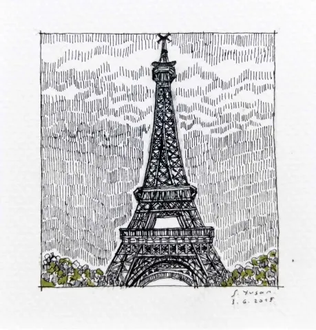 SÜMEYYE YUŞAN — “Eyfel kulesi”, 2015 "Eyfel kulesi" eseri SÜMEYYE YUŞAN tarafından 2015 yılında 5.5x6 cm ölçülerinde Kağıt üzeri sulu boya tekniği ile yapılmıştır.