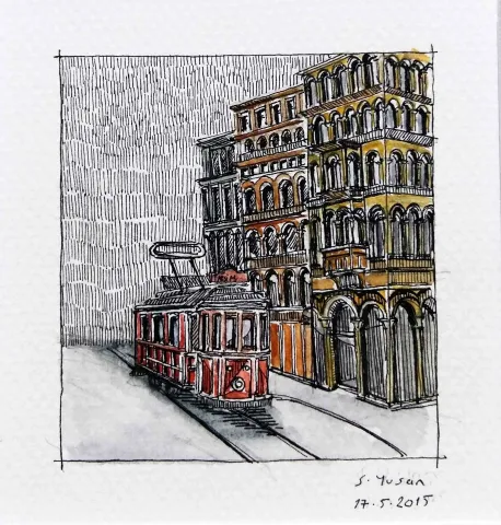 SÜMEYYE YUŞAN — “İstiklal caddesi”, 2015 "İstiklal caddesi" eseri SÜMEYYE YUŞAN tarafından 2015 yılında 5.5x6 cm ölçülerinde Kağıt üzeri sulu boya tekniği ile yapılmıştır.