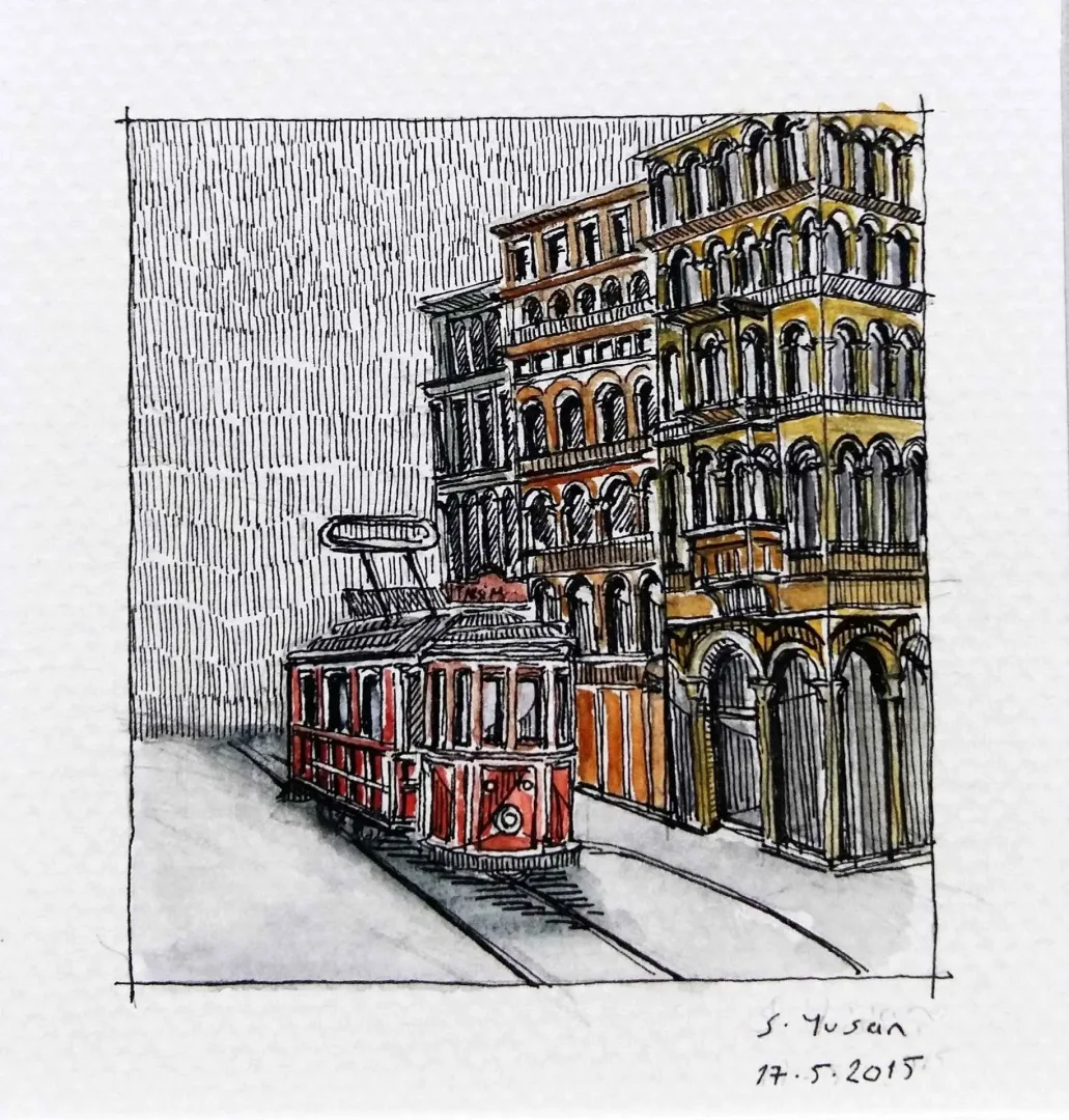yakınlaştır "İstiklal caddesi" eseri SÜMEYYE YUŞAN tarafından 2015 yılında 5.5x6 cm ölçülerinde Kağıt üzeri sulu boya tekniği ile yapılmıştır.