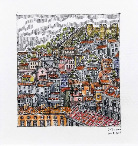 SÜMEYYE YUŞAN — “Lizbon”, 2015 "Lizbon" eseri SÜMEYYE YUŞAN tarafından 2015 yılında 5.5x6 cm ölçülerinde Kağıt üzeri sulu boya tekniği ile yapılmıştır.