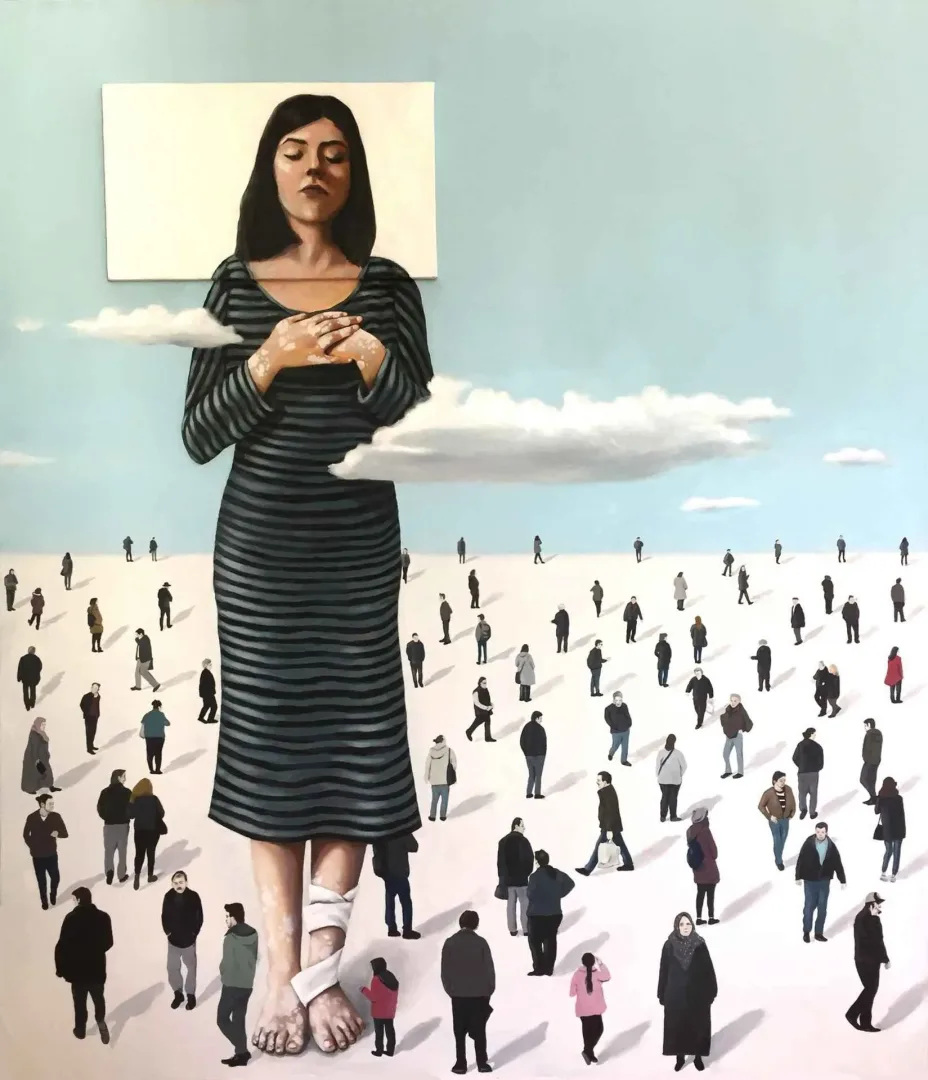 yakınlaştır "Çoğul Yalnızlık" eseri TIFAK ARSLAN tarafından 2016 yılında 150x130 cm ölçülerinde Tuval üzeri yağlı boya tekniği ile yapılmıştır.