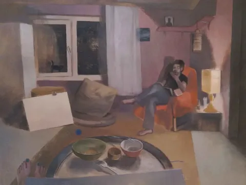 TÜNAY TUNÇ — “Misafir”, 2015 "Misafir" eseri TÜNAY TUNÇ tarafından 2015 yılında 90x120 cm ölçülerinde Tuval üzeri yağlı boya tekniği ile yapılmıştır.