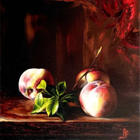 "Natürmort" eseri HÜSEYİN FEYZULLAH tarafından 2016 yılında 25x25 cm ölçülerinde Tuval üzeri yağlı boya tekniği ile yapılmıştır.