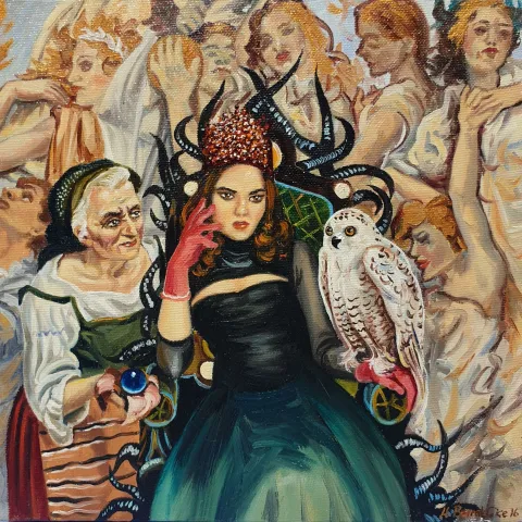 HATİCE BERRAK ÇİÇE — “Sahip”, 2016 "Sahip" eseri HATİCE BERRAK ÇİÇE tarafından 2016 yılında 25x25 cm ölçülerinde Tuval üzeri yağlı boya tekniği ile yapılmıştır.