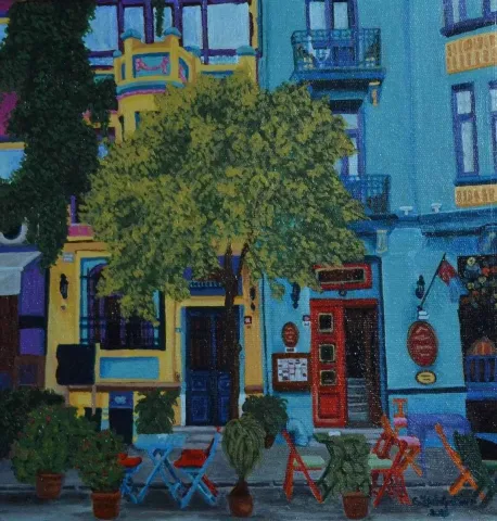 "Mekan" eseri GÜLŞAH ÇALHAN tarafından 2016 yılında 25x25 cm ölçülerinde Tuval üzeri yağlı boya tekniği ile yapılmıştır.