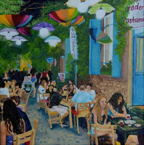 "Mekan" eseri GÜLŞAH ÇALHAN tarafından 2016 yılında 25x25 cm ölçülerinde Tuval üzeri yağlı boya tekniği ile yapılmıştır.