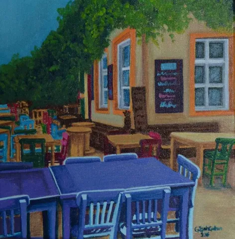 "Mekan" eseri GÜLŞAH ÇALHAN tarafından 2016 yılında 25x25 cm ölçülerinde Tuval üzeri yağlı boya tekniği ile yapılmıştır.