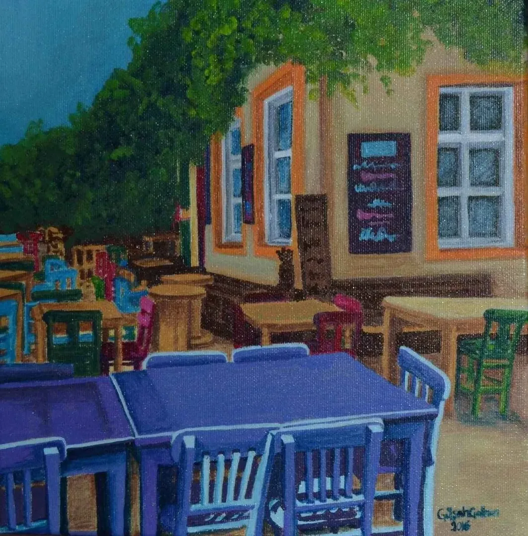 "Mekan" eseri GÜLŞAH ÇALHAN tarafından 2016 yılında 25x25 cm ölçülerinde Tuval üzeri yağlı boya tekniği ile yapılmıştır.