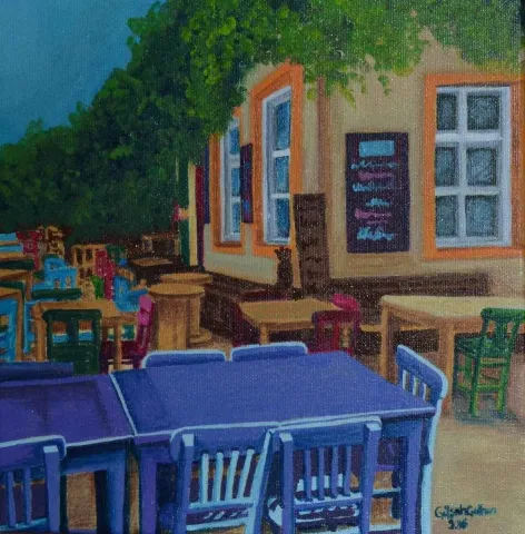 "Mekan" eseri GÜLŞAH ÇALHAN tarafından 2016 yılında 25x25 cm ölçülerinde Tuval üzeri yağlı boya tekniği ile yapılmıştır.