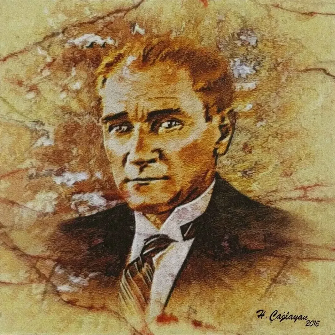 "Atatürk" eseri HASAN ÇAĞLAYAN tarafından 2016 yılında 25x25 cm ölçülerinde Tuval üzeri karışık teknik tekniği ile yapılmıştır.