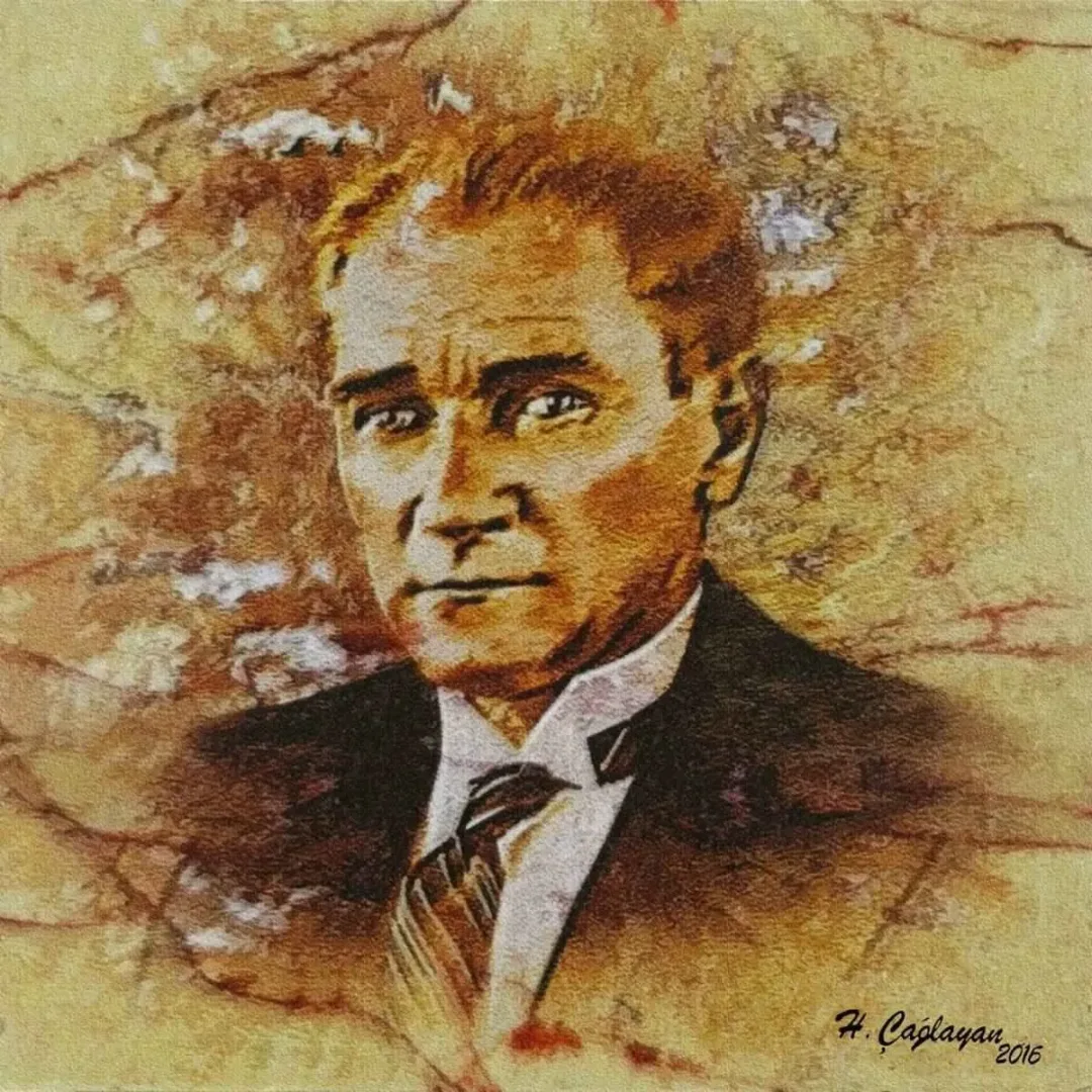yakınlaştır "Atatürk" eseri HASAN ÇAĞLAYAN tarafından 2016 yılında 25x25 cm ölçülerinde Tuval üzeri karışık teknik tekniği ile yapılmıştır.