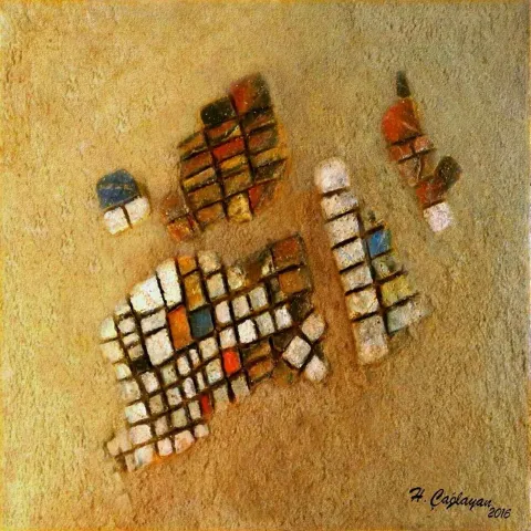 "Atatürk" eseri HASAN ÇAĞLAYAN tarafından 2016 yılında 25x25 cm ölçülerinde Tuval üzeri karışık teknik tekniği ile yapılmıştır.