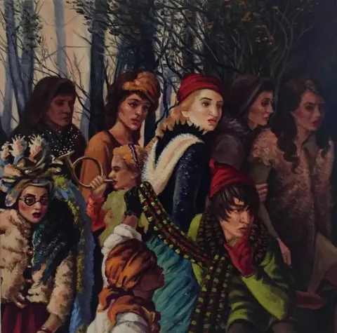 "Dedikodu" eseri HATİCE BERRAK ÇİÇE tarafından 2016 yılında 25x25 cm ölçülerinde Tuval üzeri yağlı boya tekniği ile yapılmıştır.