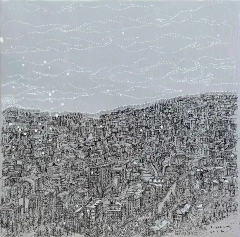 "isimsiz" eseri SÜMEYYE YUŞAN tarafından 2016 yılında 25x25 cm ölçülerinde Tuval üzeri karışık teknik tekniği ile yapılmıştır.