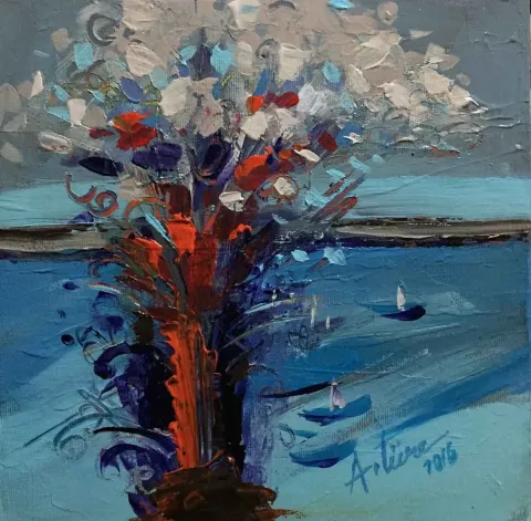 "Dileniş" eseri AHMET TÜRE tarafından 2016 yılında 25x25 cm ölçülerinde Tuval üzeri yağlı boya tekniği ile yapılmıştır.