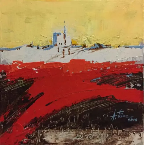"Hasret" eseri AHMET TÜRE tarafından 2016 yılında 25x25 cm ölçülerinde Tuval üzeri yağlı boya tekniği ile yapılmıştır.