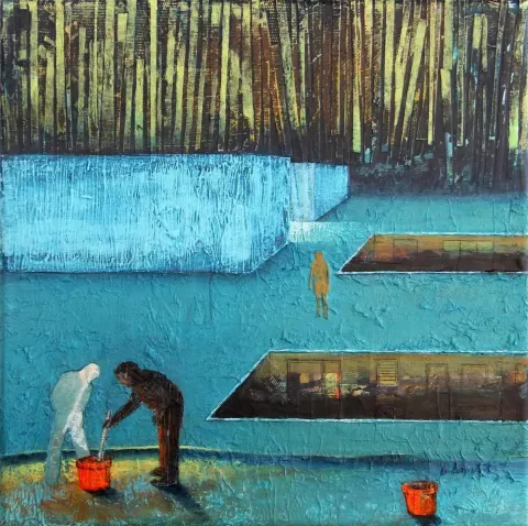 "Yeniler" eseri BEŞİR BAYAR tarafından 2016 yılında 25x25 cm ölçülerinde Tuval üzeri karışık teknik tekniği ile yapılmıştır.