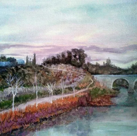 "bridge and white trees" eseri HATİTZE ACHMET tarafından 2016 yılında 25x25 cm ölçülerinde Tuval üzeri yağlı boya tekniği ile yapılmıştır.