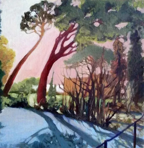"bridge and white trees" eseri HATİTZE ACHMET tarafından 2016 yılında 25x25 cm ölçülerinde Tuval üzeri yağlı boya tekniği ile yapılmıştır.
