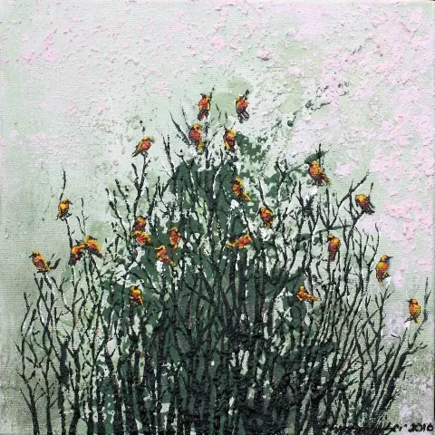 "Birds" eseri MAHPEYKER YÖNSEL tarafından 2016 yılında 25x25 cm ölçülerinde Tuval üzeri akrilik boya tekniği ile yapılmıştır.