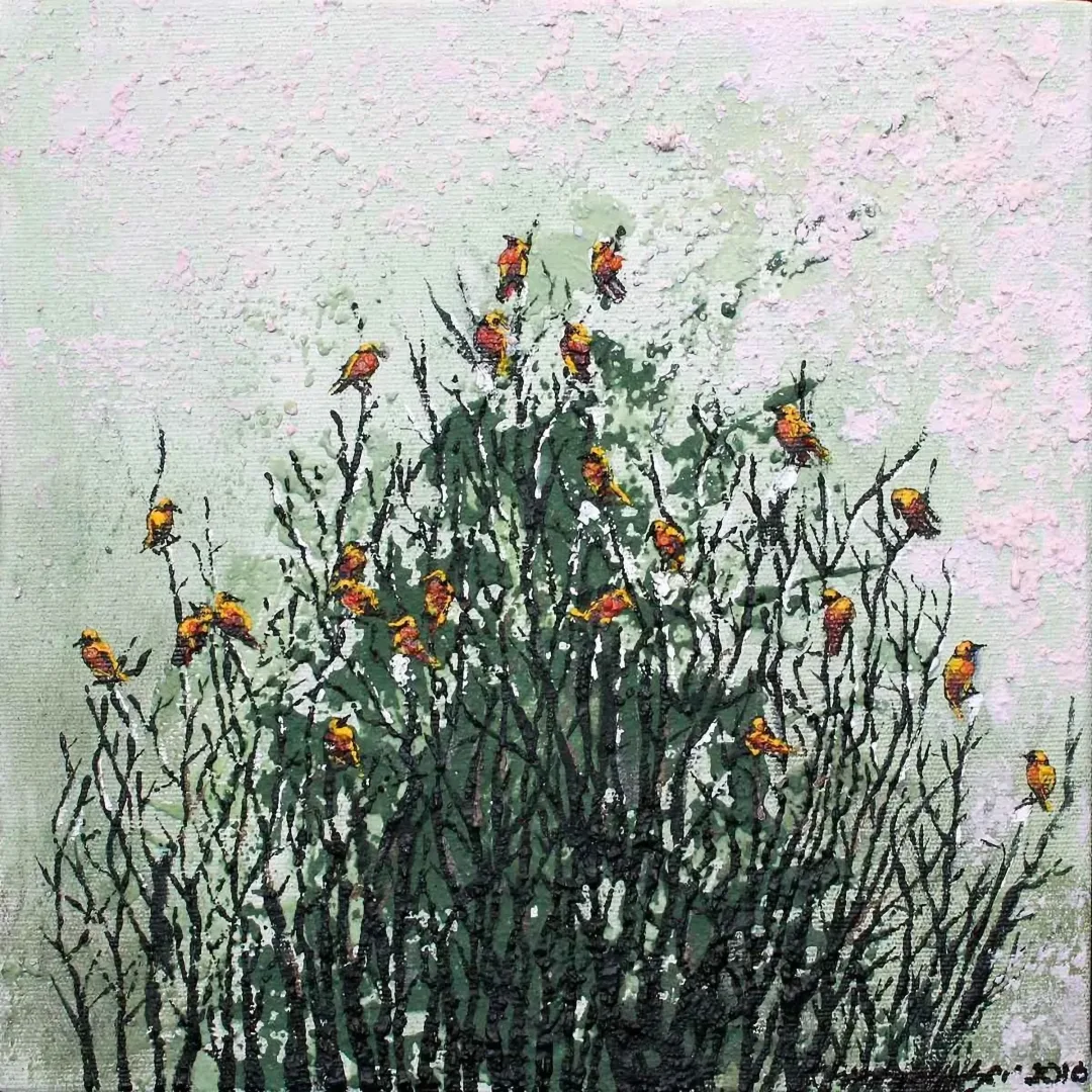 yakınlaştır "Birds" eseri MAHPEYKER YÖNSEL tarafından 2016 yılında 25x25 cm ölçülerinde Tuval üzeri akrilik boya tekniği ile yapılmıştır.