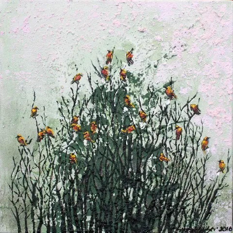 "Birds" eseri MAHPEYKER YÖNSEL tarafından 2016 yılında 25x25 cm ölçülerinde Tuval üzeri akrilik boya tekniği ile yapılmıştır.