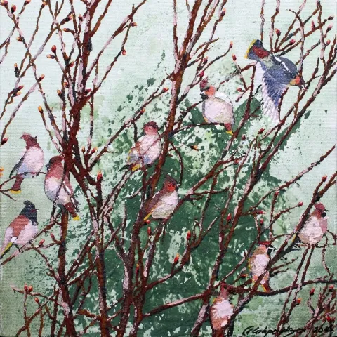 "Birds" eseri MAHPEYKER YÖNSEL tarafından 2016 yılında 25x25 cm ölçülerinde Tuval üzeri akrilik boya tekniği ile yapılmıştır.