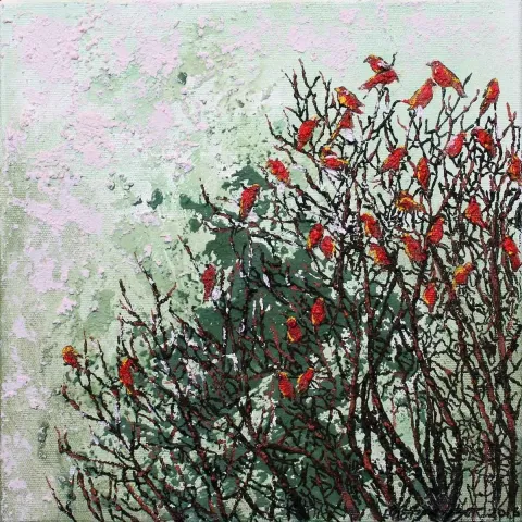 "Birds" eseri MAHPEYKER YÖNSEL tarafından 2016 yılında 25x25 cm ölçülerinde Tuval üzeri akrilik boya tekniği ile yapılmıştır.