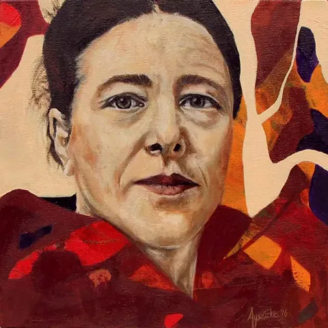 "Simone" eseri AYŞE EKİCİ tarafından 2016 yılında 25x25 cm ölçülerinde Tuval üzeri yağlı boya tekniği ile yapılmıştır.