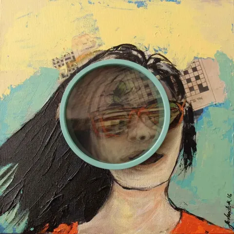"Profiles" eseri FERHUNDE K. ÖNER tarafından 2016 yılında 25x25 cm ölçülerinde Tuval üzeri karışık teknik tekniği ile yapılmıştır.