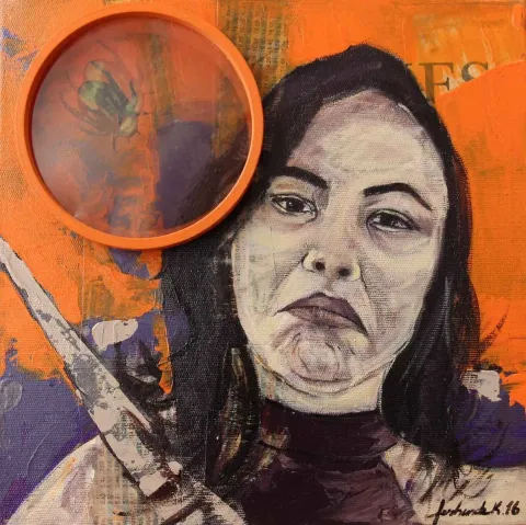"Profiles" eseri FERHUNDE K. ÖNER tarafından 2016 yılında 25x25 cm ölçülerinde Tuval üzeri karışık teknik tekniği ile yapılmıştır.