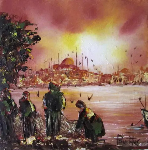 "Balıkçılar" eseri PINAR TOKER tarafından 2016 yılında 25x25 cm ölçülerinde Tuval üzeri yağlı boya tekniği ile yapılmıştır.