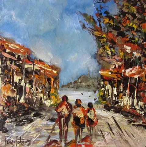 "Sokak" eseri PINAR TOKER tarafından 2016 yılında 25x25 cm ölçülerinde Tuval üzeri yağlı boya tekniği ile yapılmıştır.