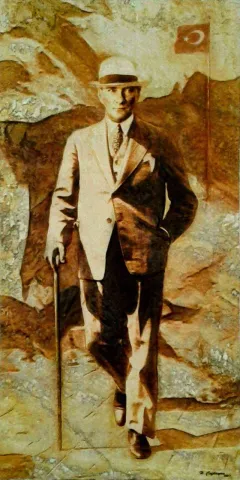 HASAN ÇAĞLAYAN — “Atatürk” "Atatürk" eseri HASAN ÇAĞLAYAN tarafından 120x60 cm ölçülerinde Tuval üzeri karışık teknik tekniği ile yapılmıştır.