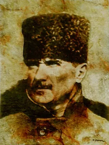 HASAN ÇAĞLAYAN — “Atatürk” "Atatürk" eseri HASAN ÇAĞLAYAN tarafından 80x60 cm ölçülerinde Tuval üzeri karışık teknik tekniği ile yapılmıştır.