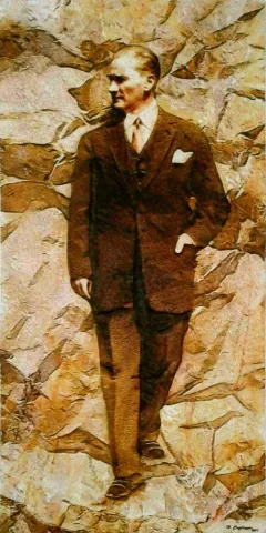 HASAN ÇAĞLAYAN — “Atatürk” "Atatürk" eseri HASAN ÇAĞLAYAN tarafından 120x60 cm ölçülerinde Tuval üzeri karışık teknik tekniği ile yapılmıştır.