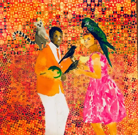 PINAR TINÇ — “Flört”, 2017 "Flört" eseri PINAR TINÇ tarafından 2017 yılında 70x70 cm ölçülerinde Tuvale çini mürekkebi tekniği ile yapılmıştır.