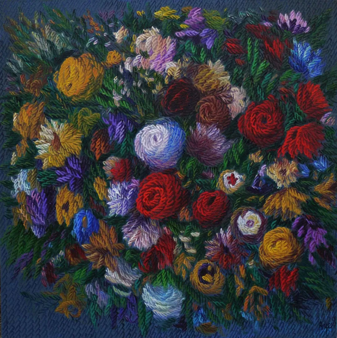 "Benim Çiçeklerim" eseri AHMET YEŞİL tarafından 2017 yılında 70x70 cm ölçülerinde Tuval üzeri yağlı boya tekniği ile yapılmıştır.