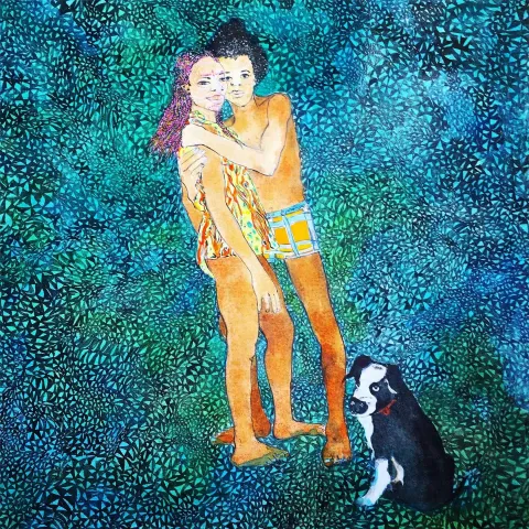 PINAR TINÇ — “I love you at Étang-Sale Beach”, 2017 "I love you at Étang-Sale Beach" eseri PINAR TINÇ tarafından 2017 yılında 70x70 cm ölçülerinde Tuvale çini mürekkebi tekniği ile yapılmıştır.