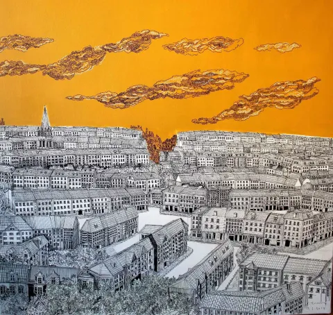 "Edinburg" eseri SÜMEYYE YUŞAN tarafından 2017 yılında 70x70 cm ölçülerinde Tuval üzeri karışık teknik tekniği ile yapılmıştır.