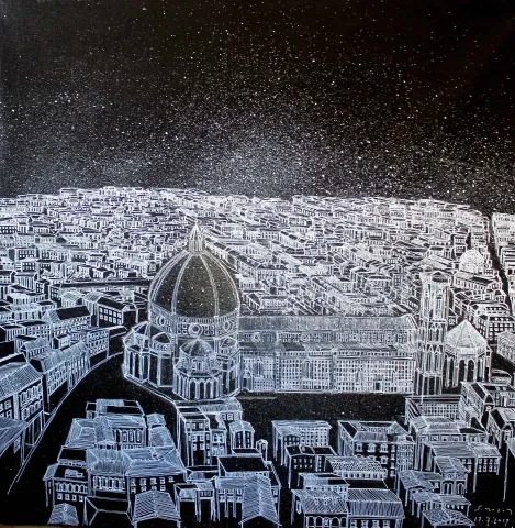 "Floransa" eseri SÜMEYYE YUŞAN tarafından 2017 yılında 70x70 cm ölçülerinde Tuval üzeri karışık teknik tekniği ile yapılmıştır.